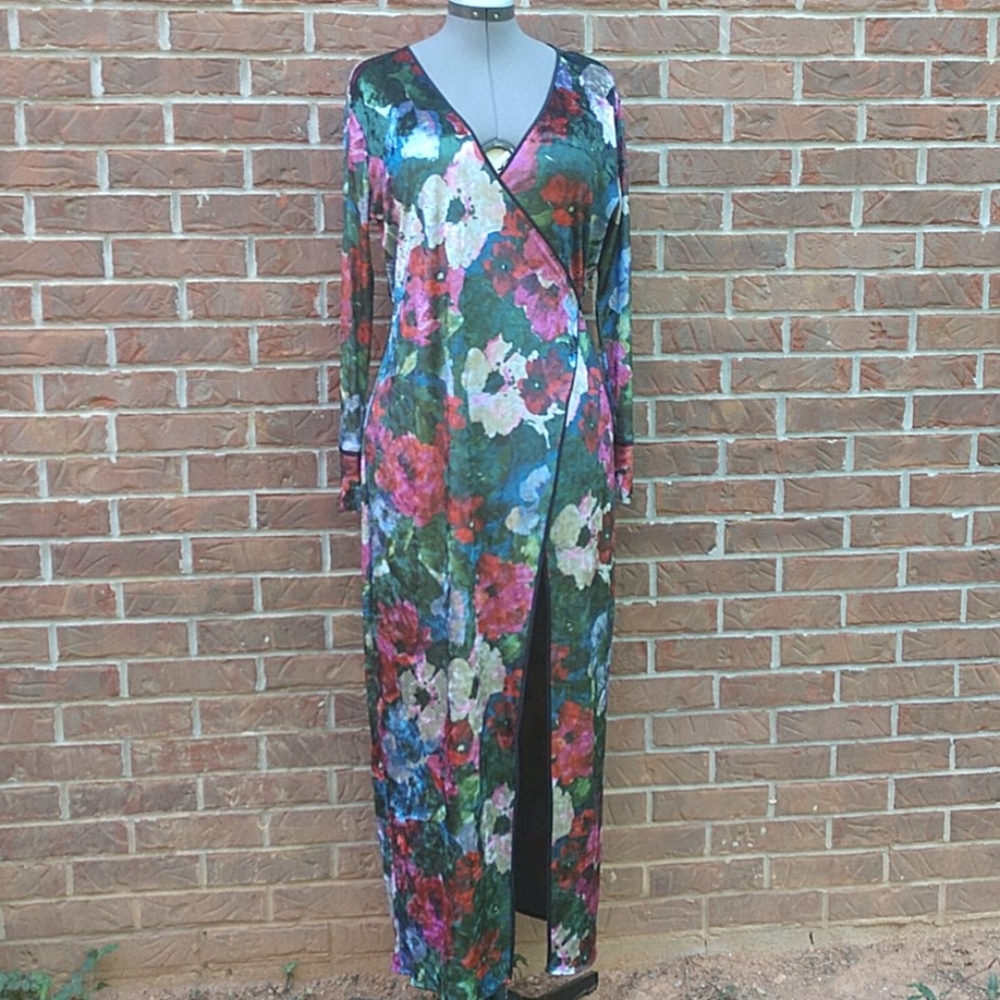 Zara Crushed Velvet Floral Wrap High Slit Dress